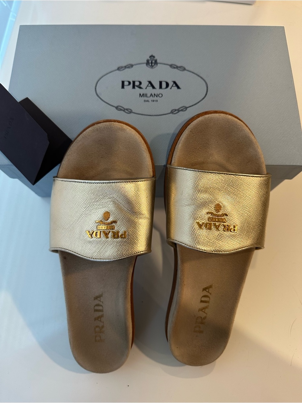 Prada Metallic Gold Leather Slide Sandals for Women Size 40